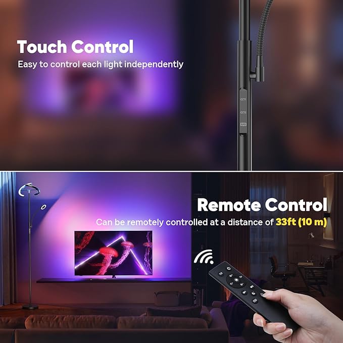 Upgraded RGBCW Floor Lamp with Reading Lamp, Rotatable Remote Control LED Standing Lamp Dimmable Floor Light Modern Standing Light for Living Room Bedroom Home Office, 36W, Black