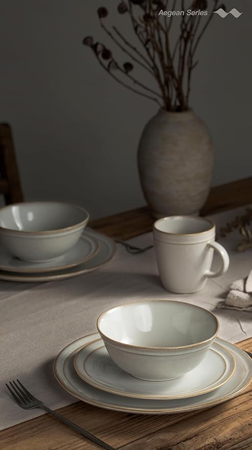 Famiware Aegean Stoneware Dinnerware Set for 4, Plates and Bowls Sets, 12-Piece Scratch-Resistant Dinner Plate Set, Handmade Irregular Round Dishes - Microwave and Dishwasher Safe, Cappuccino White