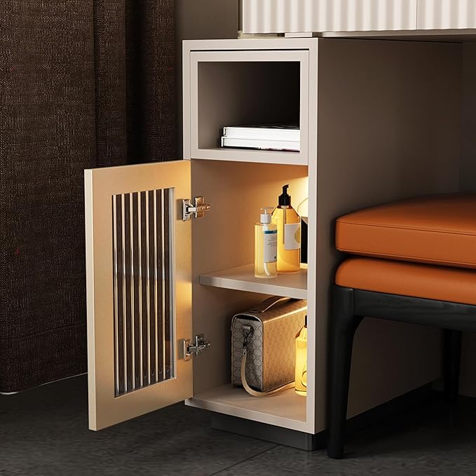 Lartis Makeup Vanity, with LED Makeup Mirror, Three Adjustable Light Levels, Tempered Teal Glass countertop,White Wax Wood Makeup Stool