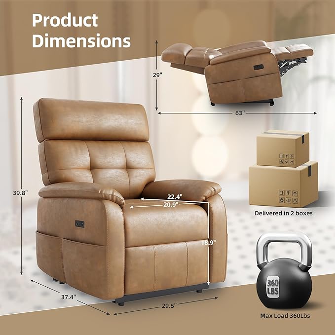 Claiks Zero Gravity Recliner Chair, Oversized Reclining Chair for Adults, Adjustable Electric Reclining Sofa Lounge with USB&Type-C Ports, Side Pocket, for Living Room, PU Leather, Brown