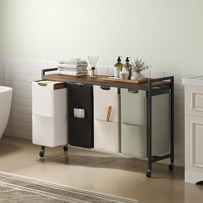 HOOBRO Laundry Sorter 4 Sections, Laundry Hamper with Wheels, 4 × 10.5 Gal (40 L), Rolling Laundry Basket, Pull-Out and Removable Oxford Fabric Bags, Rustic Brown BFE04XY01