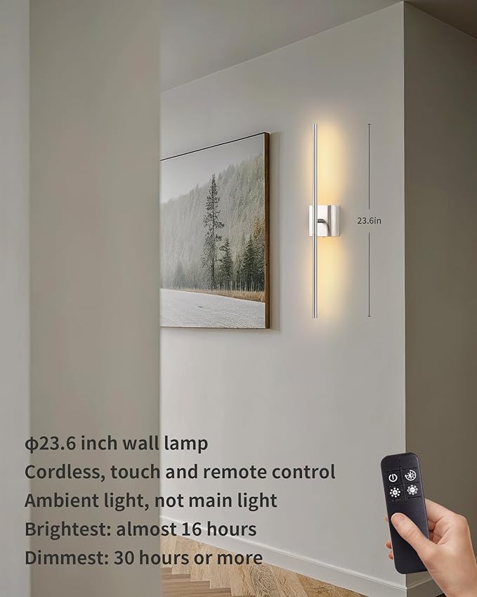 KDG Cordless Wall Sconces Set of 2, Wireless 7000mAh Rechargeable Battery Operated LED Wall Lamps with Remote, 360° Rotate Lightings for Wall Painting, Bedroom, Hallway, Night Light 23.6 inch (Nickel)