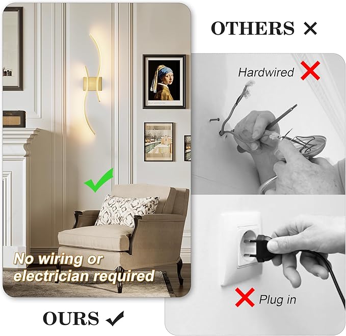 Battery Operated Wall Sconces Set of Two with Remote Control, Stepless Colors 3000K-6000K & Dimming, LED Brass Wireless Wall Light for Living Room, Hallway, Bedroom, 27.5 Inch (2 Pack)