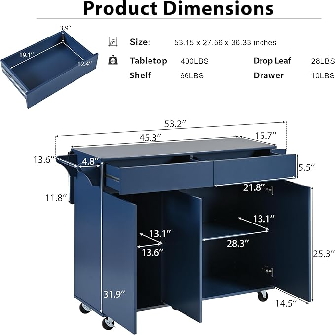 53.2'' Kitchen Island with Drop Leaf, Kitchen Storage Cart with Spice Rack, Towel Rack and 2 Drawers, Rolling Kitchen Island on Wheels with Adjustable Shelves for Kitchen, Dining Room, Navy Blue