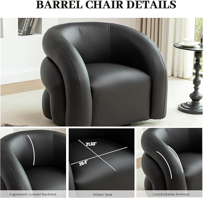 34.6" W Swivel Accent Chair, Modern Round Faux Leather Armchair for Living Room,Upholstered Comfy Sofa Chairs for Bedroom Reading Apartment Lounge,Fully Assembled(Black)