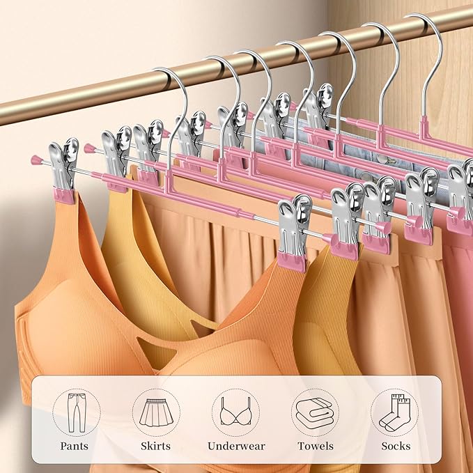 Pants Hangers with Clips 20 Pack Adjustable Skirt Hangers for Women Non-Slip Trousers Hanger for Jeans Clothes Hangers for Pants Heavy Duty Space Saving Shorts Hangers,Pink,14Inch