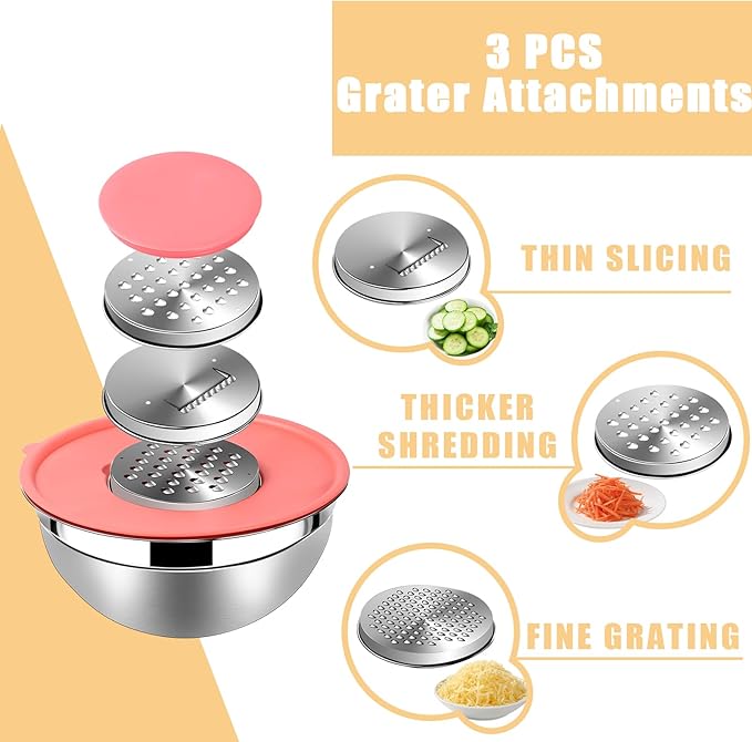 Lazycorner Stainless Steel Mixing Bowls with Airtight Lids Set of 7 Stainless Steel Bowls Set with 3 Grater Attachments Great for Serving & Baking