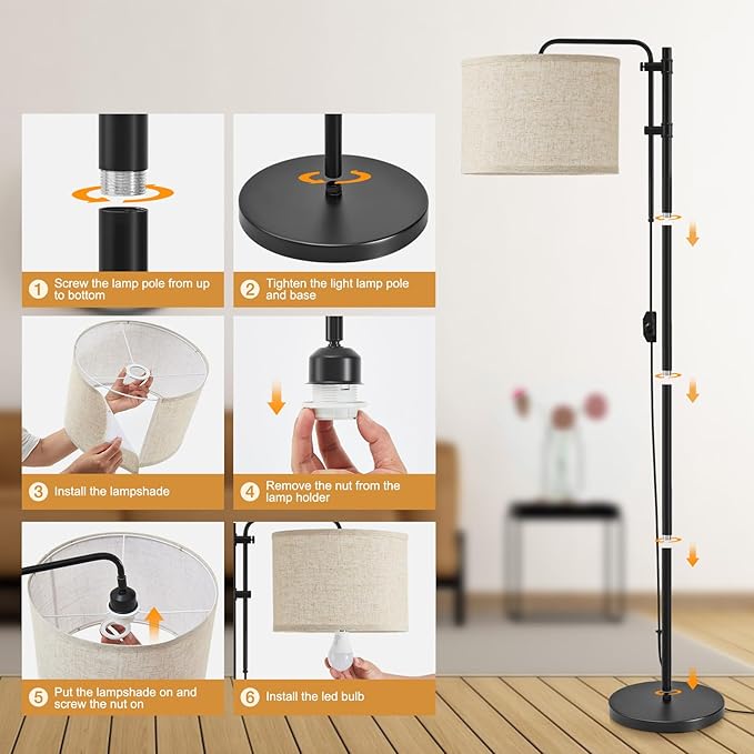 GyroVu Floor Lamp for Living Room, Adjustable Height Standing Lamps with 350° Rotate Beige Lampshade, 67.5-Inch Modern Tall Lamp Dimmable Floor Lamps for Corner Bedroom Home Office (Bulb Included)