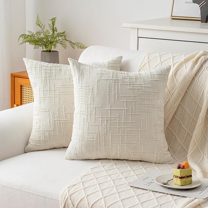 Decorative Throw Pillow Covers 20x20 Inch Set of 2, Thick Solid Farmhouse Chenille Couch Pillows, Spring Pillow Covers for Couch Sofa Bed Living Room Home Decor Pillowcase,White