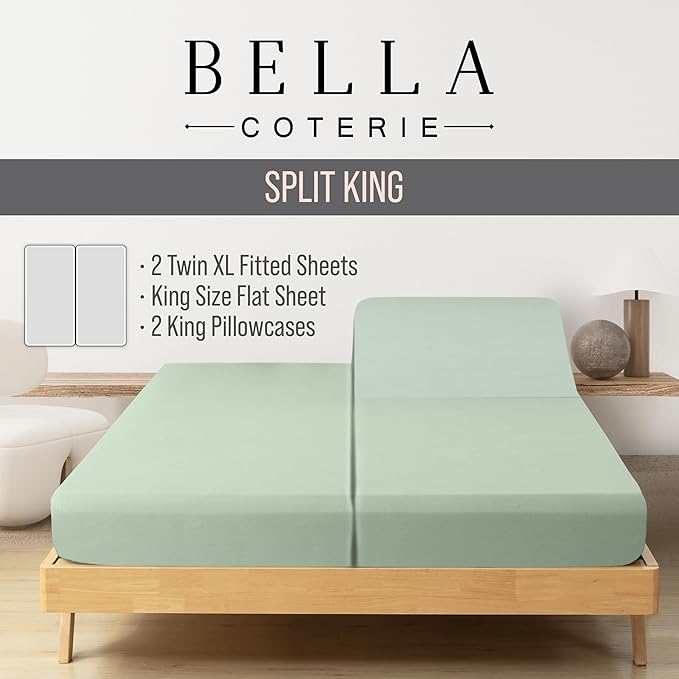 Bella Coterie Luxury Bamboo Viscose Split King Size Sheet Set | 100% Organically Grown | Ultra Soft | Cooling for Hot Sleepers | 18" Deep Pocket [Sea Glass]