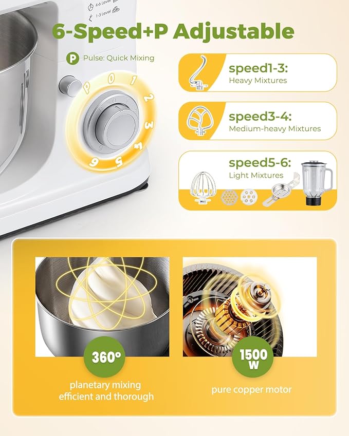 Stand Mixer 7-IN-1 1500W 6.5 QT Multifunctional Electric Kitchen Mixer 6+P Speed Tilt-Head with Stainless Steel Bowl&Handle, 1.5L Glass Jar, Meat Grinder, Dough Hook, Whisk, Pasta Attachments