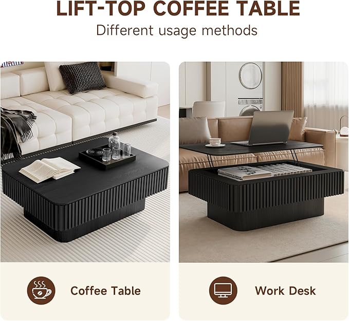 Lift Top Coffee Table for Living Room,Rectangle Handmade Solid Wood Strips, Fluted Coffee Table with Hidden Storage Compartment for Small Space Office Apartment (38.6"L×26.8''W×13.8''H-Black)