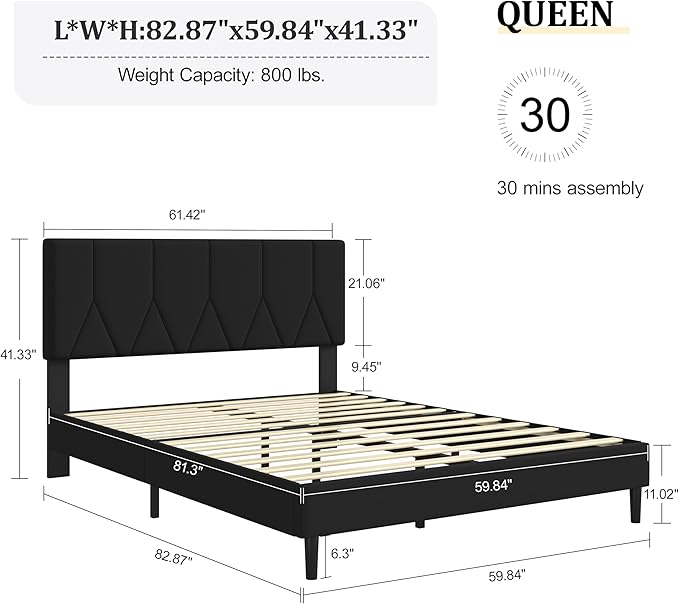 Queen Size Bed Frame, Platform Bed Frame with Velvet Upholstered Headboard, Queen Upholstered Mattress Foundation with Strong Wooden Slats, No Box Spring Needed, Noise Free, Easy Assembly