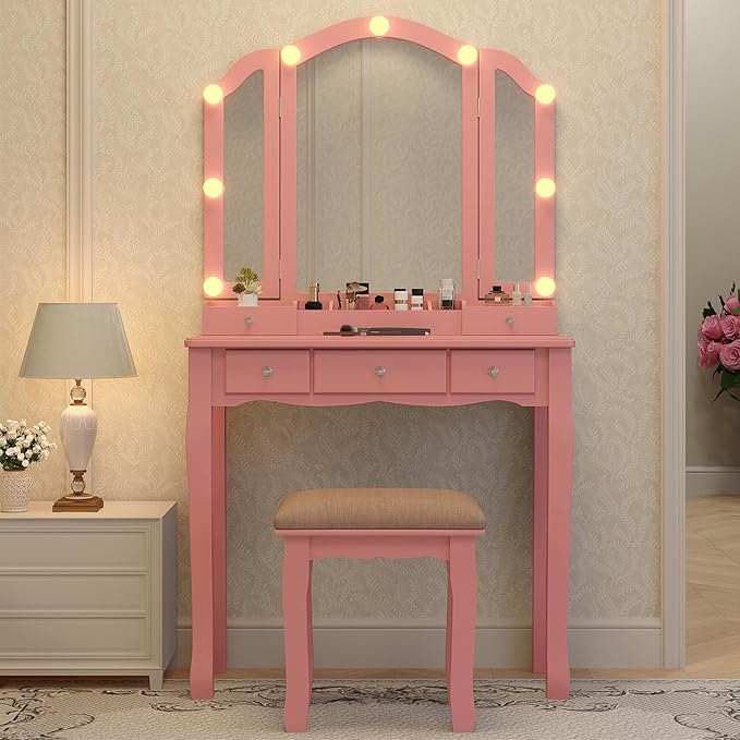 Pink Makeup Vanity Desk with Mirror Lights, Vanity Desk with Lights and Mirror, Makeup Vanity with Drawers and Kids Vanity
