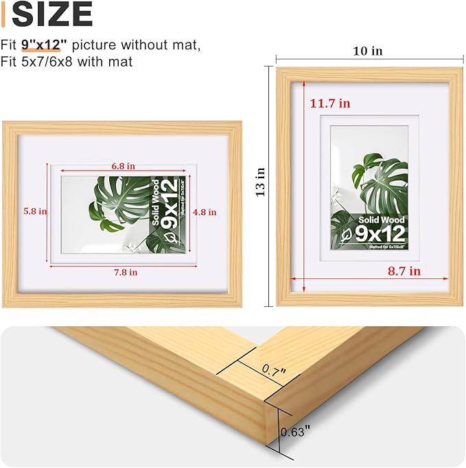 Egofine 9x12 Picture Frame Natural Wood Made of Solid Wood with Plexiglass, Display Pictures 5x7/6x8 with Mat or 9x12 without Mat, for Tabletop and Wall Mounting Photo Frame