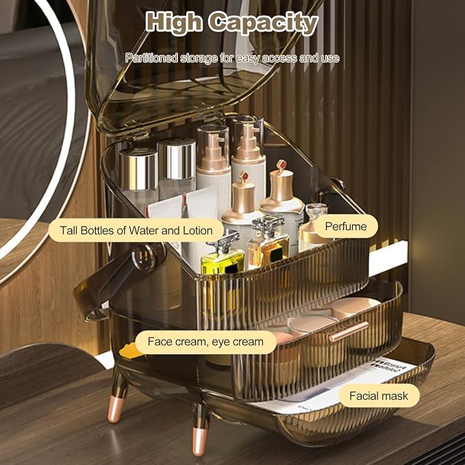 Ergocar Portable Retro Series Multi-Function Make Up Case Dustproof Cosmetic Storage Box,Cosmetics Skin Care Products Jewelry Organizer Case Finishing Box Bathroom Desktop - Retro Grey