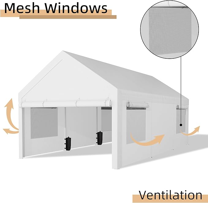 JY QAQA Carport, 12x20 FT Heavy Duty Carport Reinforced Steel Poles with Removable Sidewalls & Doors,Roll-up Windows Car Canopy with Sandbags and All-Season Tarp for Car Boat Truck Motorcycle