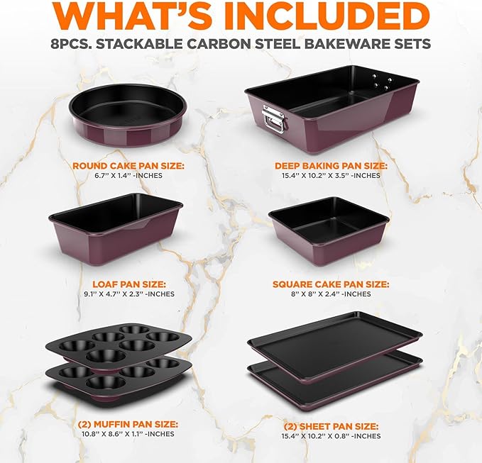 NutriChef 8-Piece Nonstick Stackable Bakeware Set - PFOA, PFOS, PTFE Free Baking Tray Set w/Non-Stick Coating, 450°F Oven Safe, Round Cake, Loaf, Muffin, Wide/Square Pans, Cookie Sheet (Plum)