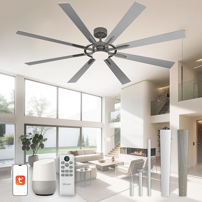 72 Inch Smart Ceiling Fan with Light and Remote, Silver Ceiling Fan with Quiet Reversible DC Motor, Control Via WiFi Alexa App, 3CCT Dimmable Large Indoor/Outdoor Ceiling Fans for Patio Garage