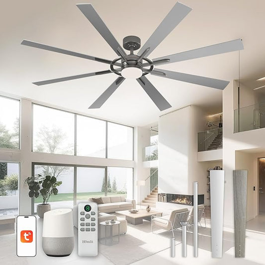 72 Inch Smart Ceiling Fan with Light and Remote, Silver Ceiling Fan with Quiet Reversible DC Motor, Control Via WiFi Alexa App, 3CCT Dimmable Large Indoor/Outdoor Ceiling Fans for Patio Garage
