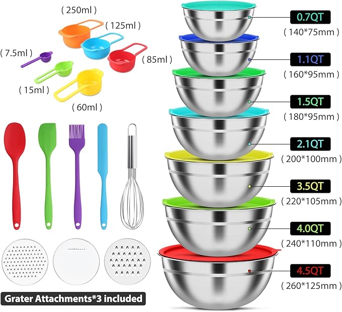 Mixing Bowls with Lids Set, 7 PCS Stainless Steel Mixing Bowls with 3 Grater Attachments, Size 4.5, 4, 3.5, 2.1, 1.5, 1.1, 0.7QT, Ideal for Kitchen Cooking Baking & Serving