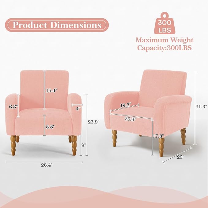 Accent Armchair Set of 1, Mid-Century Modern Living Room Chairs with Gourd-Like Shape Wooden Legs, Chenille Upholstered Single Sofa Reading Chair for Living Room Bedroom Guest Room,Pink