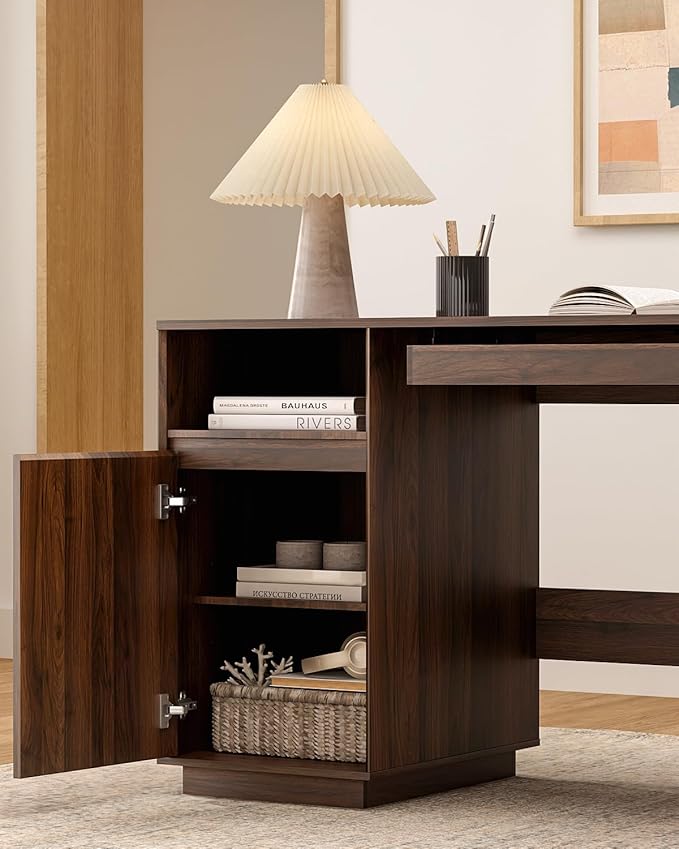Farmhouse Executive Desk with File Drawer 59" Large Computer Desk Home Office Desk with Charging Station, Keyboard Tray, Storage Cabinet Modern Workspace for Study, Writing, Brown