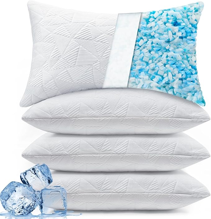 BETU Cooling Pillows Queen Size Set of 4,Shredded Memory Foam Bed Pillows for Sleeping,Adjustable Firm Cool Pillow for Neck Pain and Side SleeperWhite