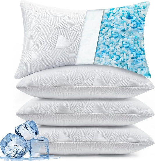 BETU Cooling King Size Pillows Set of 4,Shredded Memory Foam Bed Pillows for Sleeping,Adjustable Firm Cool Pillow for Neck Pain and Side Sleeper,White