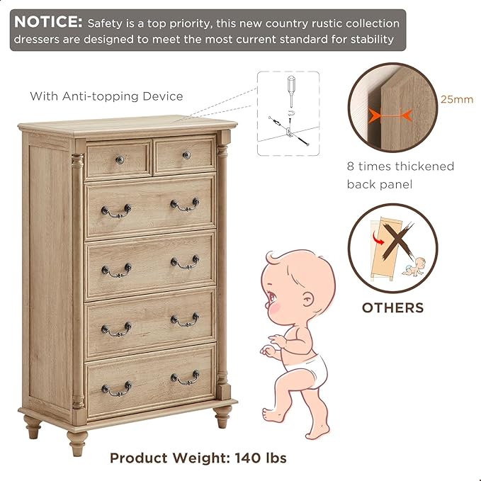 T4TREAM Farmhouse 6 Drawers Dresser Chests for Bedroom w/4 Solid Wood Feet &Column Decor, Tall Wood Rustic Chest of Drawers, Storage Dressers Organizer for Bedroom, Living Room, Nursery, Natural Oak