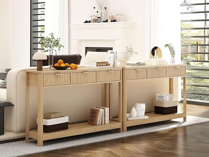 RUSTOWN Fluted Wood Console Table with 3 Drawers, Boho Narrow Behind Couch Entryway Table with Open Storage Shelf, Modern Sofa Table for Living Room, Foyer and Hallway (Natural Wood)