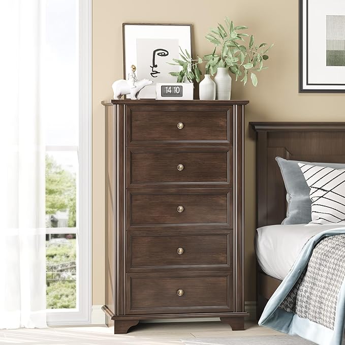VINGLI 47" Tall Dresser 5 Drawer Chest of Drawers, Wood Dresser for Bedroom, Brown Chest Dressers Wooden