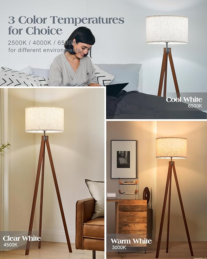 ELYONA Solid Wood Tripod Floor Lamp with 3 Color Temperatures LED Bulb, Mid Century Modern Reading Standing Light Nature Linen Shade Tall Night Light for Bedroom Living Room Office Study Room, Brown