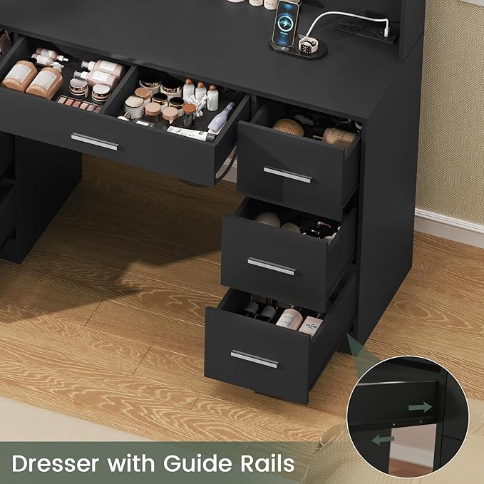 Quimoo Large Vanity Desk with LED Lighted Mirror & Power Outlet,Makeup Vanity Table with 7 Drawers,4 Shelves and 5 Hooks,Vanity Table, Vanity Desk Set for Bedroom,Bathroom，Black