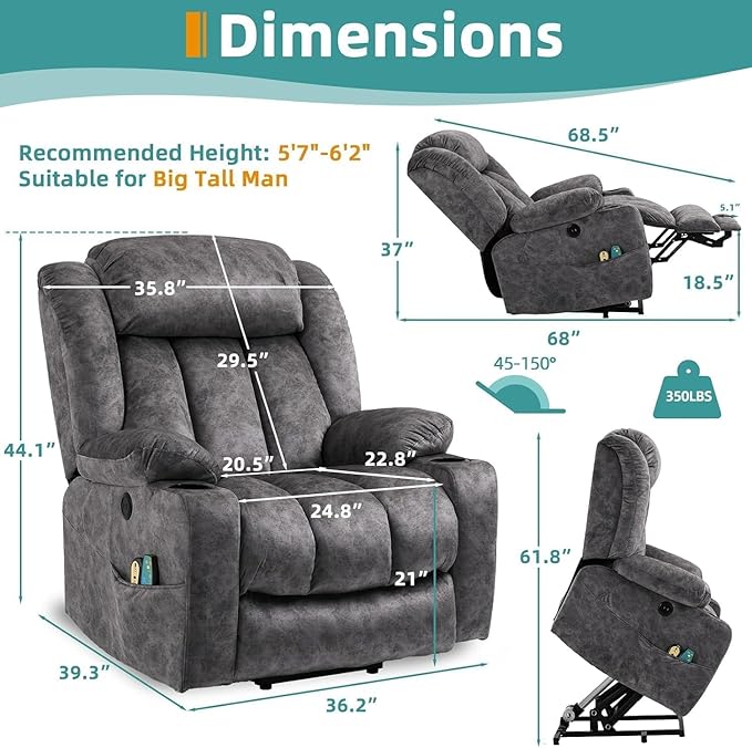 MEETWARM Large Power Lift Electric Recliner Chair with Extended Footrest for Elderly Big Tall Man, Overstuffed Wide Recliner with Massage and Heat, 2 Remote Controls/USB Ports/4 Side Pockets(Grey)