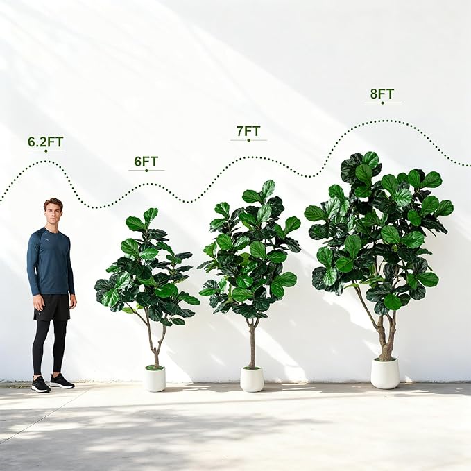 Artificial Fiddle Leaf Fig Tree 8ft with White Planter Realistic Fiddle Leaf Lyrata Plant Tall Fake Tree with Natural-Looking Leaves Fake Tree for Indoor Outdoor Home Office Decor