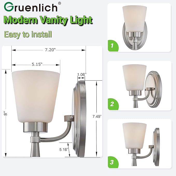 GRUENLICH Wall Sconce, Modern Vanity Light, for Bathroom, Bedroom, Sitting Room, E26 Base 60W Max, Metal Housing with Glass, Nickel Finish, 1-Pack
