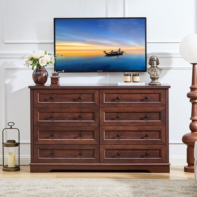 LIDYUK 8 Drawer Cherry Wood Dresser for Bedroom Farmhouse Dresser Chest of Drawers, 55" Wide Clothes Organizer Wood Chest of Drawers for Bedroom, Living Room