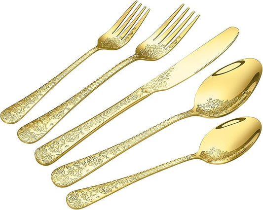 Floral 40 Pcs Gold Silverware Set for 8, Food Grade Stainless Steel Flatware Set with Rose Flower Embossed Design, Eating Utensils Sets Include Fork/Knife/Spoon, Reusable Cutlery Set, Dishwasher Safe