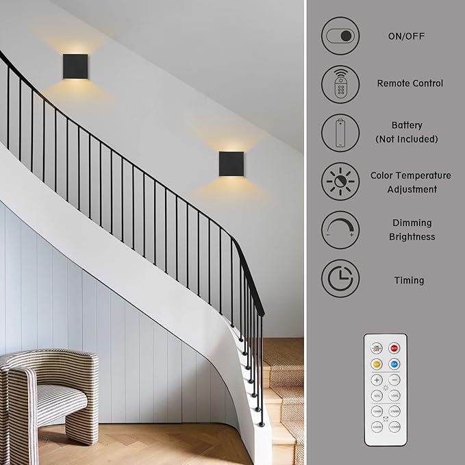 HEQIQEH Modern Style Battery Operated Wall Sconces, LED Cube Indoor Up and Down Wall Lamp with Remote Control, Dimmable Cordless Wall Lighting Fixtures for Living Room,Bedside (Black - 2 Pack)