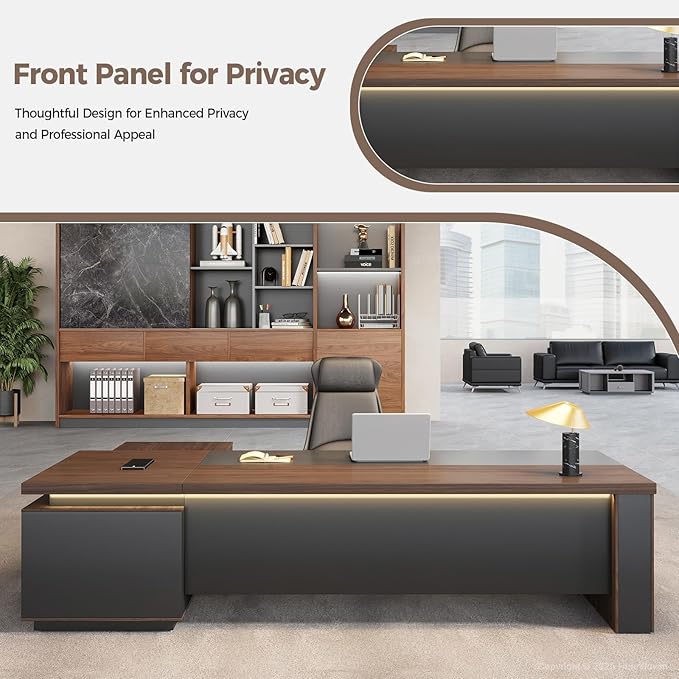 L-Shaped Executive Desk with LED Lights, Lockable Storage & 3-in-1 Charging Station, Reversible Cabinet, Modern Wood Office Desk for CEO, Manager & Home Office(Red Walnut+Black, 79"L*63"W*30"H)