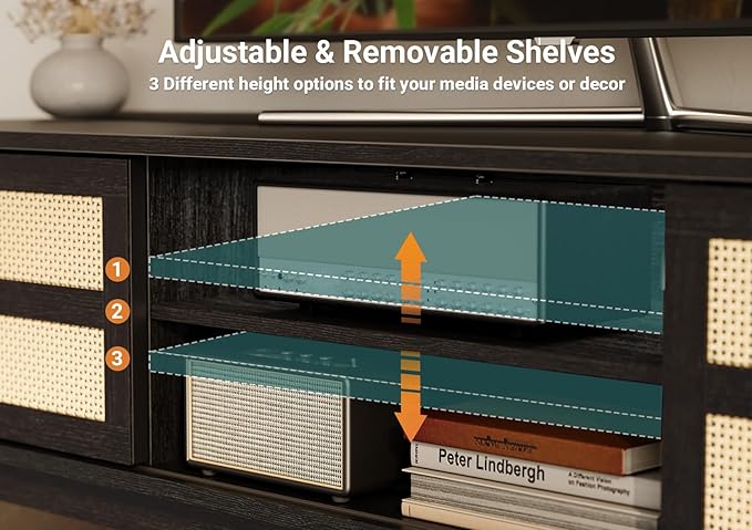 Claiks Boho TV Stand for 70 Inch TV, Modern TV Console with 2 Rattan Storage Cabinets & Adjustable Shelf, Woven TV Stand for Living Room, Black