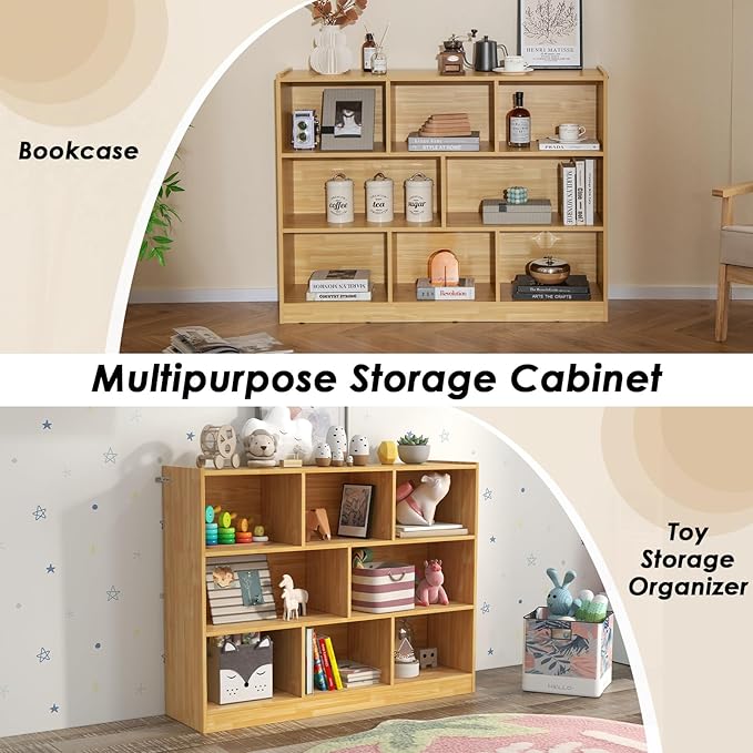 Toy Storage Organizer, 3-Tier Kids Bookshelf, 8 Cube Kids' Bookcases, Cabinets & Shelves, Wooden Toy Organizers, Small Book Shelf for Bedroom, Playroom, Classroom, Nursery (Burlywood)