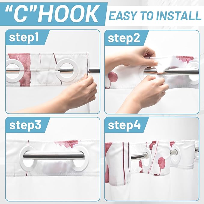 No Hook Shower Curtain with Snap in Liner - Floral Shower Curtain - Fabric Waterproof Inner Liner, Plants Watercolor Burgundy Modern Cloth Shower Curtains - Machine Washable, 71 x 74