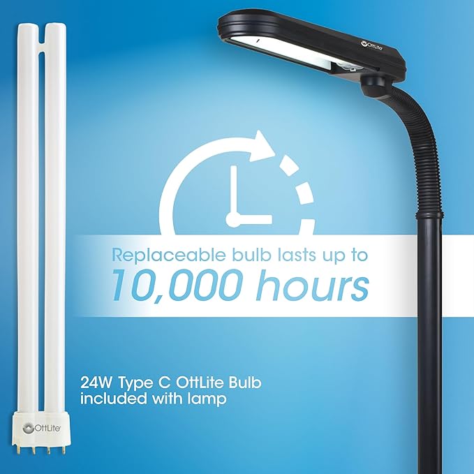 OttLite Standing Floor Lamp with Weighted Base & Adjustable Neck - 24w Energy Efficient Light Bulb for Bright Natural Daylight - Modern Home Decor, for Living Room, Reading, Bedroom, Dorm & Office