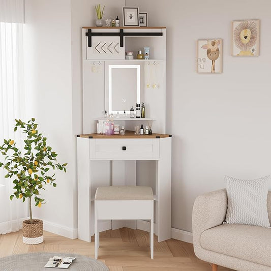 ARTETHYS Small Vanity Desk Set with Lights and Mirror Makeup Vanities with Drawers for Corner Space White Farmhouse Make up Dressing Table with Storage Stool for Bedroom