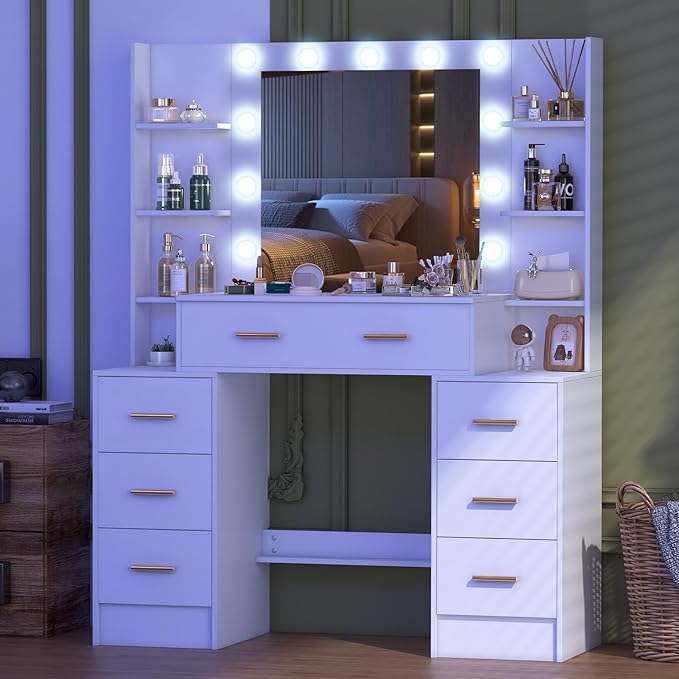 Vanity Desk with Mirror and Lights, Big Makeup Vanity Table Set with Drawers, White Vanity with Lighted Mirror for Bedroom, Dressing Table for Teen Girls and Adult Women, Gold