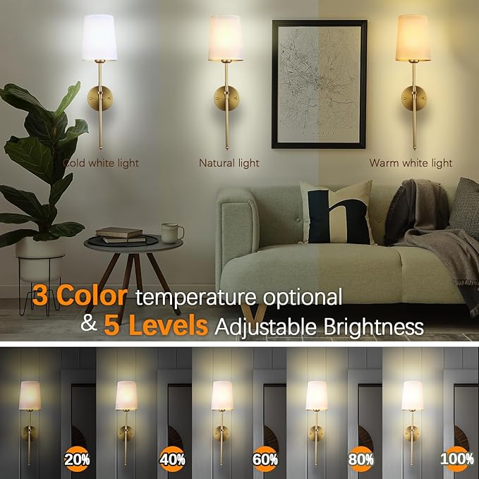 Wall Lights Battery Operated Wall Sconces Set of 2, Gold Rechargeable Wall Sconce with 15 RGB Dimmable Detachable Bulbs and Remote, Wireless Battery Powered Wall Lamp for Living Room Bedroom