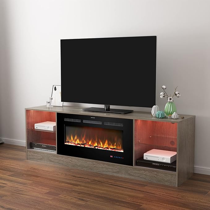 72" Fireplace TV Stand, Entertainment Center with 36" Electric Fireplace, LED Light Wood Storage Cabinet Table, Media Console for TVs Up to 80", Thermostat, 13 Flame Colors, Grey