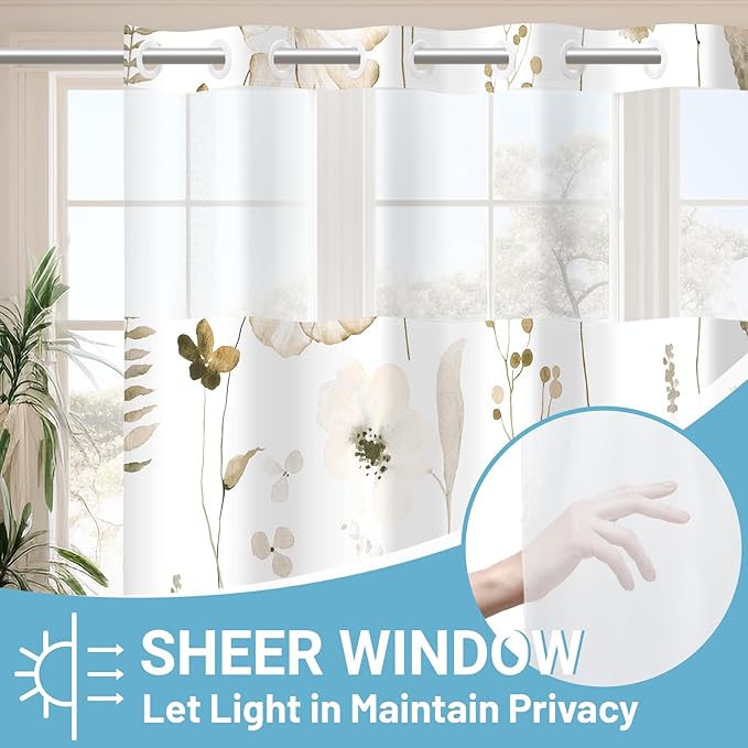 No Hook Shower Curtain with Snap in Liner - Floral Shower Curtain - Fabric Waterproof Inner Liner, Plants Watercolor Beige Modern Cloth Shower Curtains - Machine Washable, 71 x 74